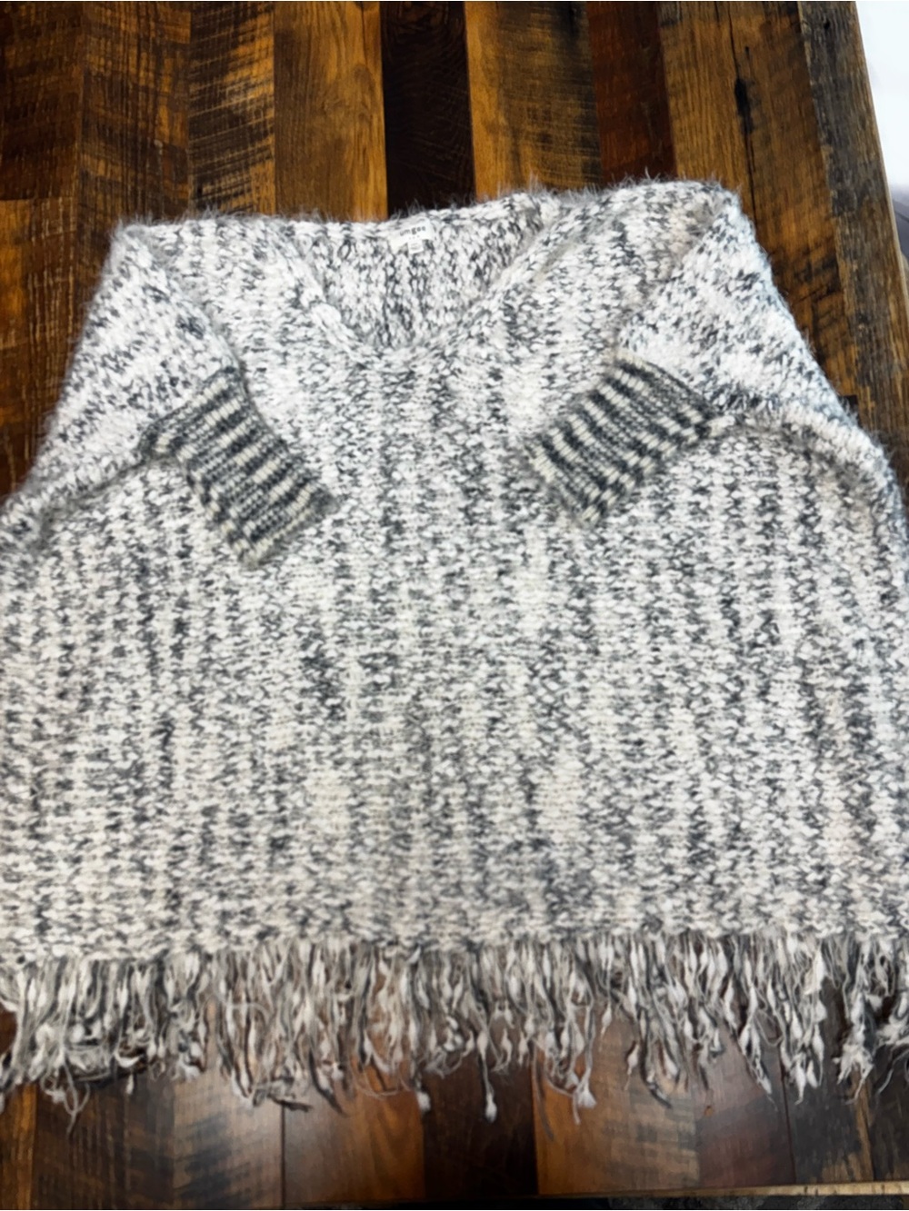 Umgee Gray & White Marled Fringe Poncho Sweater